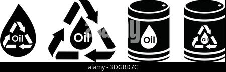 Waste Oil Recycling Icon Set – Sustainable Lubricant Disposal Symbols and Industrial Oil Barrel Graphics for Environmental Management Stock Vector