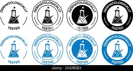 Dermatologically Tested Icon Set – Skin Care Safety Symbols with Laboratory Beaker and Checkmark Graphics Stock Vector