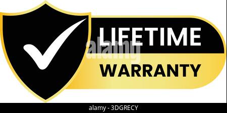 Lifetime Warranty Gold and Black Badge – Premium Quality Guarantee Seal with Shield and Checkmark Icon Stock Vector