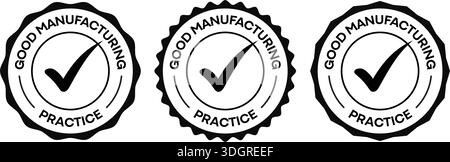 Good Manufacturing Practice GMP Icon Set – Quality Assurance Compliance Symbols and Certified Standard Seals Stock Vector