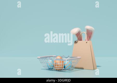 Colorful Easter eggs in a basket next to a paper bag with bunny ears on a pastel blue surface. 3d rendering Stock Photo