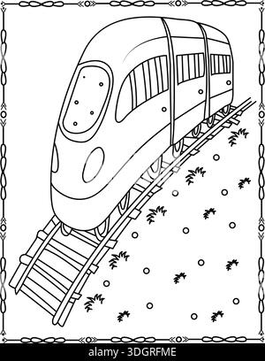High-Speed Train on Railway Track. Black And White Line Art for Coloring And Tracing. Train on Railway Coloring Page For Kids And Adults. Stock Vector