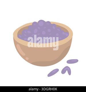 Wooden bowl filled with dried purple buds, suitable for herbal medicine posts, rustic still life visuals, and organic self care storytelling Stock Vector