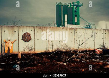 Enter the other world. Composition with a hand and industrial elements on a supernatural background. Stock Photo