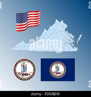 Virginia US federal state waving flag, seal and map, United States, vector illustration Stock Vector