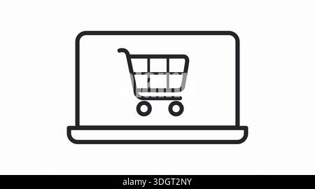 Black and White Laptop with Shopping Cart Icon – Minimal Ecommerce Vector Illustration Stock Vector