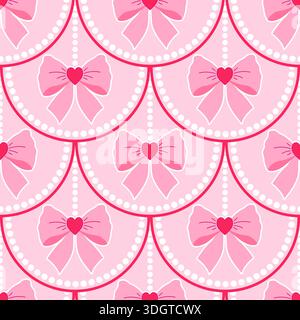 Seamless pink pattern with bows, hearts, and scalloped circles decorated with white dots. Sweet coquette aesthetic for textiles. Stock Vector