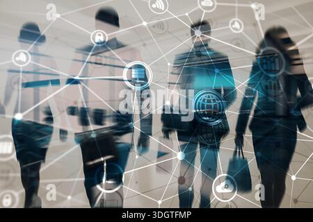 Telecommunications network with global connections and data exchange on digital background. Stock Photo