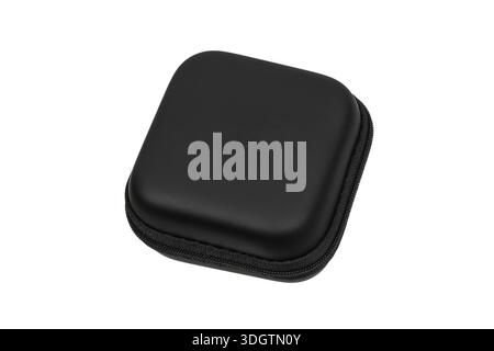Closed black semi-rigid square protective zipper case on white background. Stock Photo