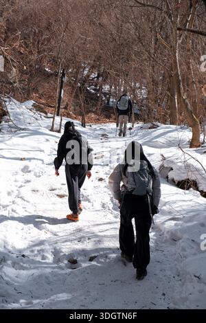 Winter hiking scenes on Sobaeksan Mountain showing snowy trails, forest paths, and rural mountain landscapes in Korea Stock Photo