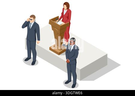 Politician speech with security. Isometric political speech scene with bodyguards and speaker at podium. Public address, leadership, protection, and Stock Vector