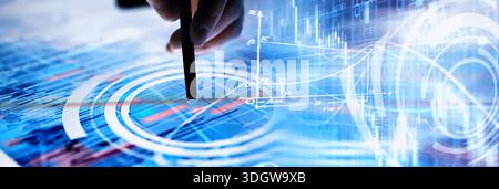 Business concept. Information technology and data processing. Hands over the screen graphic data. A modern software product in business. Stock Photo