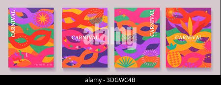 Set of bright flyers with colorful festive masks. Template for Mardi Gras Poster, Banner. Carnival mask for masquerade party. Masque for holiday. Abstract background for invitation, greetings. Vector Stock Vector