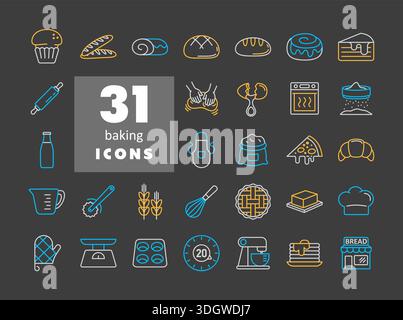 A comprehensive set of 31 flat on dark background icons for bakery items and baking tools. Perfect for menus, food blogs, and kitchen-related websites Stock Vector