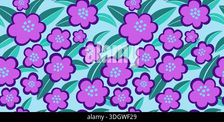 Purple flowers on light blue background. Seamless pattern of random tropic flowers. Spring floral seamless background. Bright exotic plant. Fantasy de Stock Vector