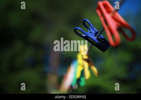 old pegs on a rope. One old retro clothespin wooden on a linen rope. Work on the house, washing, drying linen. Old Dirty Blue and Pink clothes peg on Stock Photo