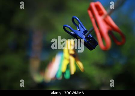 old pegs on a rope. One old retro clothespin wooden on a linen rope. Work on the house, washing, drying linen. Old Dirty Blue and Pink clothes peg on Stock Photo