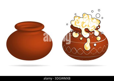 Plain clay pot and decorated Pongal pot with overflowing rice vector illustration showing a traditional harvest festival concept. Suitable for Pongal Stock Vector