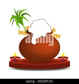 A traditional Pongal harvest festival celebration pot with sugarcane and oil lamps on white background - vector illustration. suitable for posters, gr Stock Vector