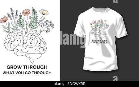Self-care and Psychology Concept Art - Hand Drawn Brain and Floral Elements for Apparel and Posters Stock Vector