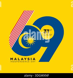 Bold 69 typography vector celebrating Malaysia Independence Day on 31st August. Modern geometric design with Malaysian flag elements, crescent moon an Stock Vector