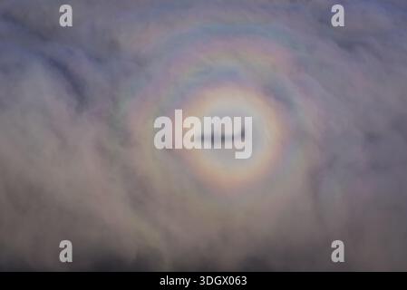 A solar glory with a centered airplane shadow on clouds seen from above Stock Photo