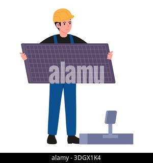 Installation of solar battery. Specialist in special clothing holds solar panel. Alternative energy sources. Flat vector Stock Vector