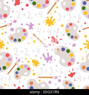 Creative print. Seamless pattern with colorful palette and simple school examples, brushes, and paint spots for wallpaper Stock Vector