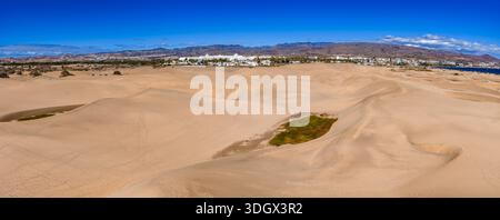 Aerial view of Maspalomas Dunes, Gran Canaria, sea and town Stock Photo