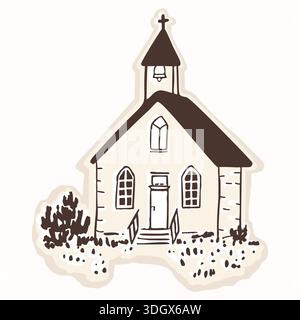 Village church chapel motif with christian cross and landscape scene. Hand drawn black and white illustration. Religious faith based christianity Stock Vector