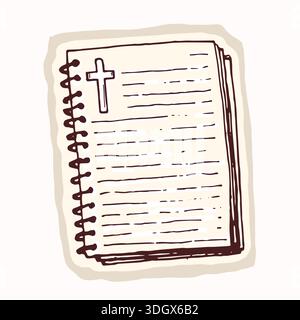 Hand drawn bible journaling notes page with christian cross and ring binder detail.Simple isolated vector motif for pretty bible aesthetic sticker Stock Vector