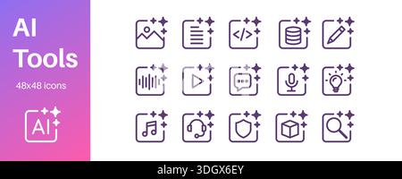 Set of AI tools icons for generating images, video, code, music, text, and data, AI for research, cybersecurity, and autonomous AI agents. Stock Vector