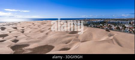 Aerial view of Maspalomas Dunes and Atlantic, Gran Canaria, midday Stock Photo