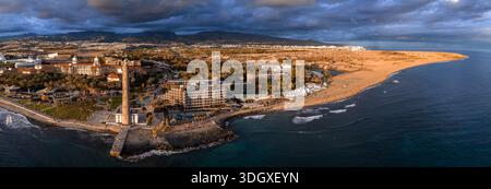 Aerial panorama of Maspalomas Lighthouse and dunes, Gran Canaria Stock Photo