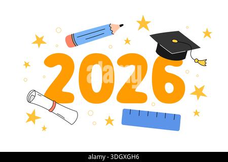Graduation 2026 cute vector illustration. Grad class of 2026 print for elementary or middle school students. Fun colorful design for grads with playfu Stock Vector