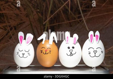 Decorated easter eggs with bunny ears and happy faces on a grass background Stock Photo