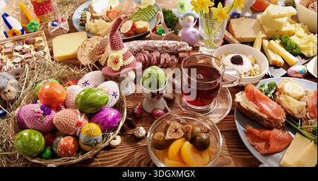 Bright Seasonal Table Setting, Lively Holiday Meal Scene Featuring Decorated Eggs And Sweet Treats Stock Photo