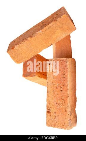 Side view of four cracked old red or orange bricks in stack is isolated on white background with clipping path. Stock Photo