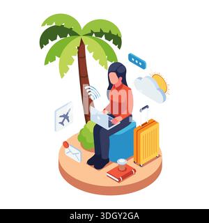 Isometric Digital Nomad Working with Laptop While Traveling. Remote Work and Travel Concept Stock Vector
