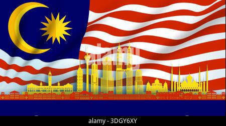 Illustration independence anniversary celebration national day in Malaysia flag background. Travel silhouette landmarks architecture of Malaysia in ku Stock Vector
