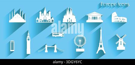 Icon set of europe architecture symbol on blue background with long shadow,  Illustration white european icon, Symbol collection, Paper cut origami an Stock Vector