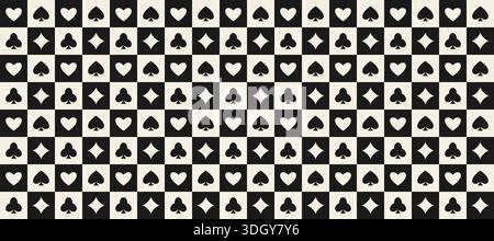 Seamless playing cards pattern. Vintage repeating spades, hearts, diamonds, clubs symbols background. Retro poker or casino table theme wallpaper. Repeated Vegas gambling concept texture. Vector Stock Vector