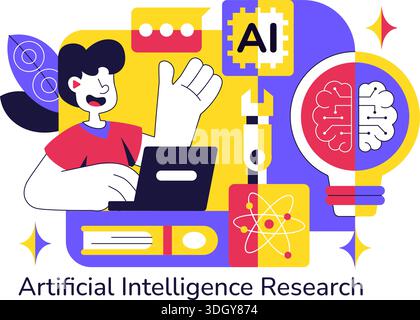 Artificial Intelligence Research Vector Illustration Featuring Data Analysis, Neural Network Technology, and Innovation in a Flat Style Background Stock Vector