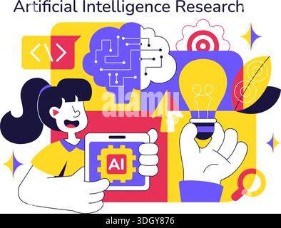 Artificial Intelligence Research Vector Illustration Featuring Data Analysis, Neural Network Technology, and Innovation in a Flat Style Background Stock Vector