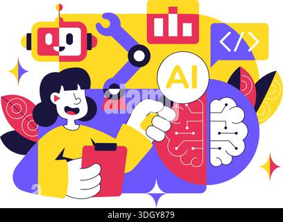 Artificial Intelligence Research Vector Illustration Featuring Data Analysis, Neural Network Technology, and Innovation in a Flat Style Background Stock Vector