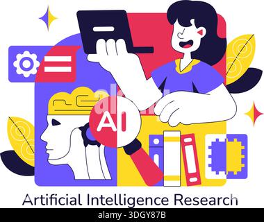 Artificial Intelligence Research Vector Illustration Featuring Data Analysis, Neural Network Technology, and Innovation in a Flat Style Background Stock Vector