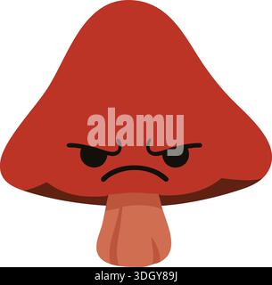 Flat cartoon illustration of a brown mushroom with an angry facial expression on a white tile background Stock Vector
