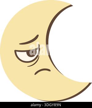 Cartoon crescent moon with a sad expression in a simple flat style on a white background Stock Vector