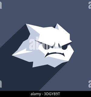 Stylized white rock chunk with an angry face and long shadow on a dark blue background Stock Vector