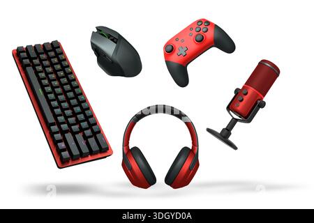 Gaming keyboard, mouse, controller, headphones, and microphone floating on white background with clipping path, concept of gaming gear Stock Photo